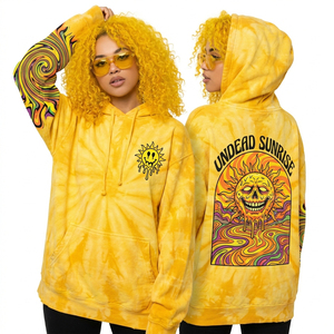 Sweat-shirt à capuche tie-dye jaune pour femme, motif crâne soleil levant, imprimé soleil fondant, streetwear psychédélique - Product Image 1