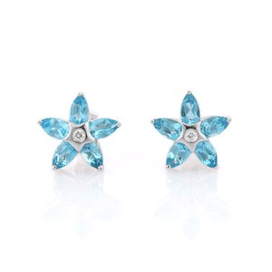 18K White Gold Blue Topaz Flower Stud <b>Earrings</b> with Diamond Accents - Product Image 3