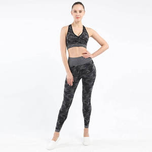 <b>Women's</b> Solid <b>Compression</b> Spandex Yoga Set Crew Neck Crop <b>Top</b> High Waist Leggings Full Length Sleeve Pockets Two-Piece - Product Image 3