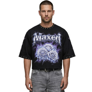 Trendy Studs Men's shirts Oversized Heavyweight 1000% Cotton T-shirt Vintage Blue <b>Rose</b> Graphic Streetwear Cropped Boxy Fit <b>Tops</b> - Product Image 1