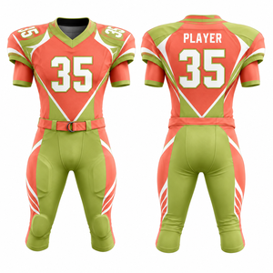 Uniforme de football américain personnalisé sublimé, maillot à col en V pour homme, pantalon orange, vert, blanc, respirant, ajusté, manches courtes - Product Image 1