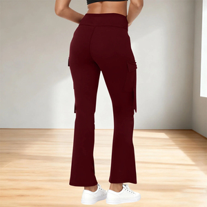 Leggings évasés taille haute pour femmes, couleur unie rouge vin, pantalon extensible en tricot avec poches, longueur intégrale, vêtements de yoga - Product Image 4