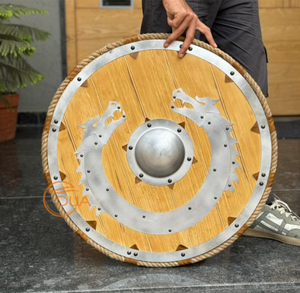 Armadura Redonda de Madera de Guerrero Vikingo Medieval Hecha a Mano y Pulida, con Cara de Dragón y Metal Plateado, 24 Pulgadas, para Navidad y Halloween - Product Image 4