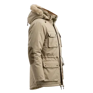<b>Men's</b> Beige Hooded Puffer <b>Jacket</b> Waterproof Thick Polyester Autumn <b>Long</b> Coat Regular Fit Zipper Closure Sporty Casual - Product Image 3