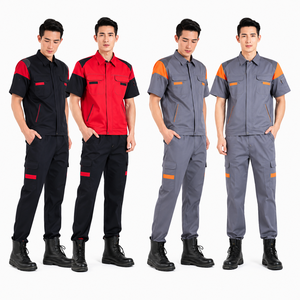 Uniformes de travail à manches courtes pour hommes avec pantalon cargo et bandes réfléchissantes en noir, rouge, gris, orange pour usage industriel - Product Image 1