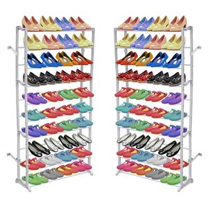 Ensemble de 2 étagères à chaussures compactes en plastique blanc avec supports métalliques pour petits espaces - Product Image 3