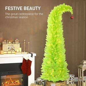 Sapin de Noël fantaisie à sommet incurvé de 7 pieds, pré-éclairé avec 250 lumières LED, design sapin crayon, boules rouges, base métallique, décorations de Noël - Product Image 4