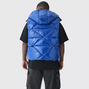 Chaleco Acolchado Azul con Capucha para Hombre, Cierre de Cremallera, Resistente al Viento, Grueso, Informal, para Invierno, con Logotipo Frontal, Color Sólido, Venta al Por Mayor - Product Image 6