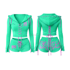 Ensemble décontracté deux pièces en molleton de haute qualité avec sweat à capuche zippé et short, ensemble deux pièces haut court et sweat à capuche de haute qualité pour femme - Product Image 2