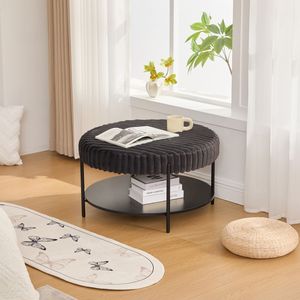 Tavolino da Caffè Rotondo Imbottito da 78,5 cm con Gambe in Metallo Nero, Ripiano Aperto Effetto Legno e Poggiapiedi - Product Image 1