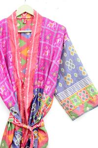 Kimono Sari de poliéster vintage con parches multicolores bata larga de luna de miel - Product Image 6