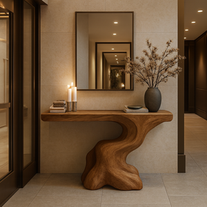 Table console en bois massif, artisanale, rustique, étroite, meuble d'entrée, décoration intérieure unique avec un design minimaliste pour hôtel - Product Image 2