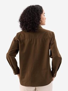 Camisa de Mujer Verde Oliva con Botones, Manga Larga, Color Sólido, Blusa Casual, Corte Regular, Tela Popelina, para Todas las Temporadas - Product Image 3