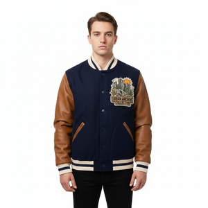 Chaqueta Varsity Personalizada para Hombre con Bordado, Cuello Alto, Mangas de Cuero, Diseño de Dibujos Animados, Chaqueta de Béisbol - Product Image 3
