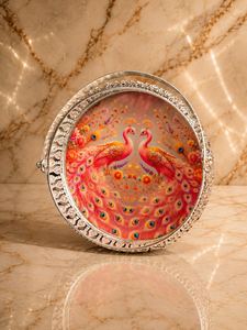 Handmade Modern German Silver Peacock Decorative Iron Serving <b>Basket</b> <b>Tray</b> Handle Premium Metal Gift <b>Basket</b> for Diwali Wedding - Product Image 6