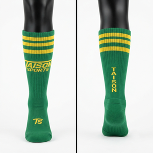 Chaussettes de lacrosse en coton mélangé premium 320 GSM, vert jaune, tricot côtelé, logo jacquard personnalisé, OEM ODM - Product Image 1