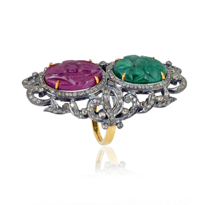 Bague de cocktail REYES victorienne en argent sterling et or 14 carats avec diamants, émeraude et rubis naturels sculptés à la main, style filigrane antique - Product Image 2
