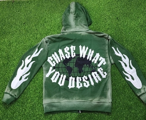 เสื้อฮู้ดดี้ผู้ชายทรงบ็อกซี่แบบซิป ผ้าฟลีซสไตล์เรโทร แต่งดีเทลขาดๆ แบบดรอปโชว์เดอร์ สปอร์ตแวร์ลำลองขายดีอันดับต้นๆ - Product Image 4