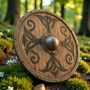 Bouclier rond en bois durable de style viking, artisanat fait main d'inspiration nordique pour accessoires de costume et présentation de collection - Product Image 4