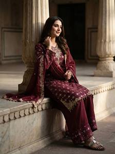Ensemble de costume en soie GMY de créateur avec kurta brodée à manches longues, palazzo et dupatta à bordure en dentelle - Product Image 3