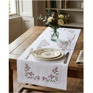 Wholesale Customized White 100% Cotton Table <b>Runners</b> Embroidered Red Flowers <b>Washable</b> Durable Home Events - Product Image 1