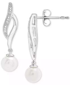 Orecchini a goccia riccioluti con perla d'acqua dolce coltivata (4mm) e accento di diamanti in argento Sterling | Macacy's - Product Image 1