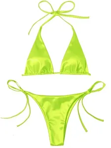 Ensemble bikini sexy pour femme, haut triangle à nouer, bas string, deux pièces, couleur unie, extensible, séchage rapide, plissé, maillot de bain pour vacances à la plage - Product Image 4