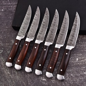 Juego de 6 cuchillos para carne de acero de Damasco con mango de madera, hoja dentada, cuchillería de cocina, caja de regalo incluida - Product Image 4