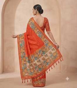 Tissue Dola Silk Bentex <b>Gap</b> Border With Lining Weave & Floral Digital Print Border - Product Image 3