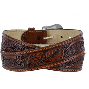 Made from High Quality Thick Buffalo <b>Leather</b> Western <b>Leather</b> <b>Tooling</b> <b>Belt</b> for Men with floral engraved brass buckle set - Product Image 2