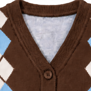 <b>Men</b> Brown Argyle V Neck <b>Cardigan</b> Knitted <b>Sweater</b> Diamond Pattern Button Front Long Sleeve Classic Casual Fit Knitwear Winter Top - Product Image 4