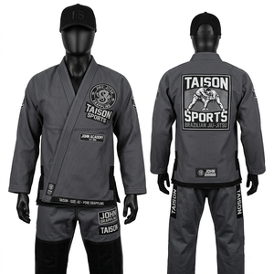 Combinaison de BJJ en coton tissé perlé de qualité supérieure 450 GSM, gris et noir avec panneaux contrastés, patch tissé, logo personnalisé brodé - Product Image 1