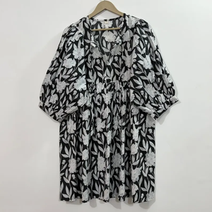 Vestido Casual Midi para Mujer, Tejido 100% Algodón, Liso, Manga Corta, Cintura Imperio, Estilo Babydoll, Cuello en V, Holgado, Funcional - Product Image 1