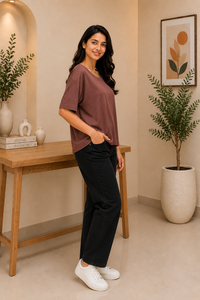 Top Corto Oversize de Algodón Estampado de Alta Calidad para Mujer, Manga Corta, Cuello Redondo, Color Marrón, Uso Diario Informal, Venta al por Mayor - Product Image 3