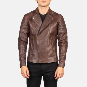Men's Brown <b>Leather</b> Biker <b>Jacket</b> Stand Collar Zipper Closure Slim Fit Motorcycle Style Autumn Wear - Product Image 2