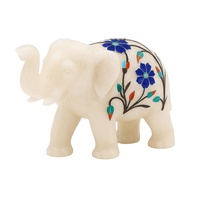 Figurine d'éléphant sculptée en marbre blanc incrusté, art en pierre artisanal, décoration, objet de collection, sculpture d'animal antique, cadeau pour la maison