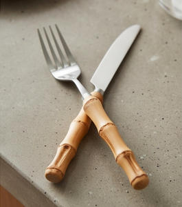 Ensemble de couverts en acier inoxydable, couteau et fourchette avec manche en bambou, vaisselle minimaliste écologique, article de table - Product Image 1