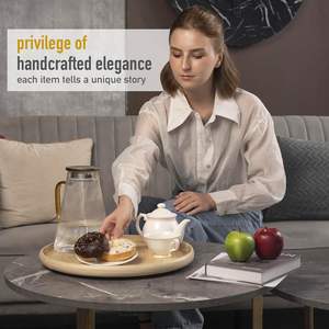 Plateau de service rond en bois artisanal pour la nourriture, table basse ottoman, charcuterie ou décoration intérieure naturelle - Product Image 2