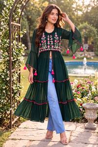Indian Purple Embroidered Georgette <b>Kurti</b> Tassel Details Regular Fit Regular Length <b>Women</b> Ethnic Top Recycled Materials Wedding - Product Image 2