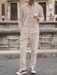 Men's Striped Cotton Shirt And <b>Pants</b> Set Turn-<b>down</b> Collar Casual Long Sleeve Spring Woven Fabric - Product Image 1