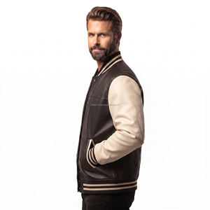 Chaqueta Varsity de Cuero Vacuno para Hombre, Color Sólido, Cuello Camisero, Corte Regular, para Otoño, Estilo Letterman - Product Image 4
