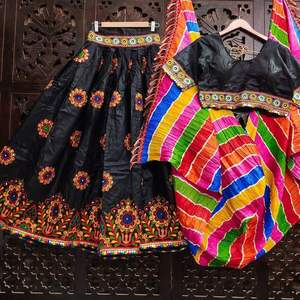 FASHIONABLE COTTON <b>CHAIN</b> STITCH WITH <b>MIRROR</b> WORK LEHENGA CHOLI WITH DUPATTA BLACK - Product Image 1