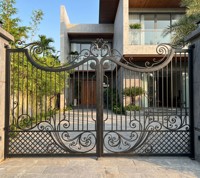 Puerta de Seguridad de Hierro Forjado Galvanizado en Caliente con Adornos Decorativos, Recubrimiento en Polvo Antioxidante, Sistema Deslizante/Automático, Ecológica, Doble