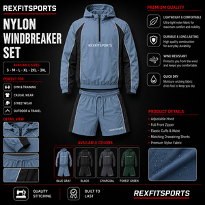 REXFIT SPORTS 2026Custom Mens Blue Gray Nylon Windbreaker Set Hooded Pullover <b>Jacket</b> Shorts Private Label Sportswear Manufactur - Product Image 1
