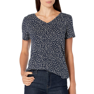 Women Floral Print T Shirt Short Sleeve V Neck Knitted Tee Casual Summer Top Custom Logo - Product Image 1