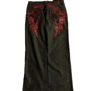 Wholesale Custom Mens Regular Wide Leg Solid Hip Hop <b>Y2K</b> Gothic Wing Cross Embroidered Black Denim Streetwear Trousers - Product Image 1
