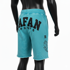 Shorts en molleton de coton premium 340 GSM, délavés à l'acide, couleur turquoise, avec empiècements brodés et logo imprimé, pour homme - Product Image 5
