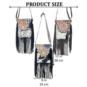 Bolso Bandolera de Cuero Repujado a Mano con Diseño de Tablero de Ajedrez y Flecos de Pelo de Vaca, Estilo Boho, para Mujer, 2026 - Product Image 2