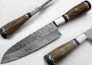 Cuchillo de Chef PRESTIGE BLADES Personalizable, Hecho a Mano con Acero de Damasco, Mango de Madera Moderno, Funda de Cuero Puro, Diseño Ambidiestro - Product Image 4