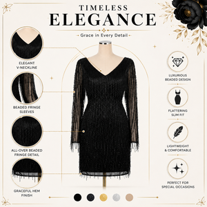 Luxury Black Beaded Fringe Cocktail Dress for Women | Elegant Long Sleeve Party Mini Dress Designer Evening Clubwear Glamorous - Product Image 4